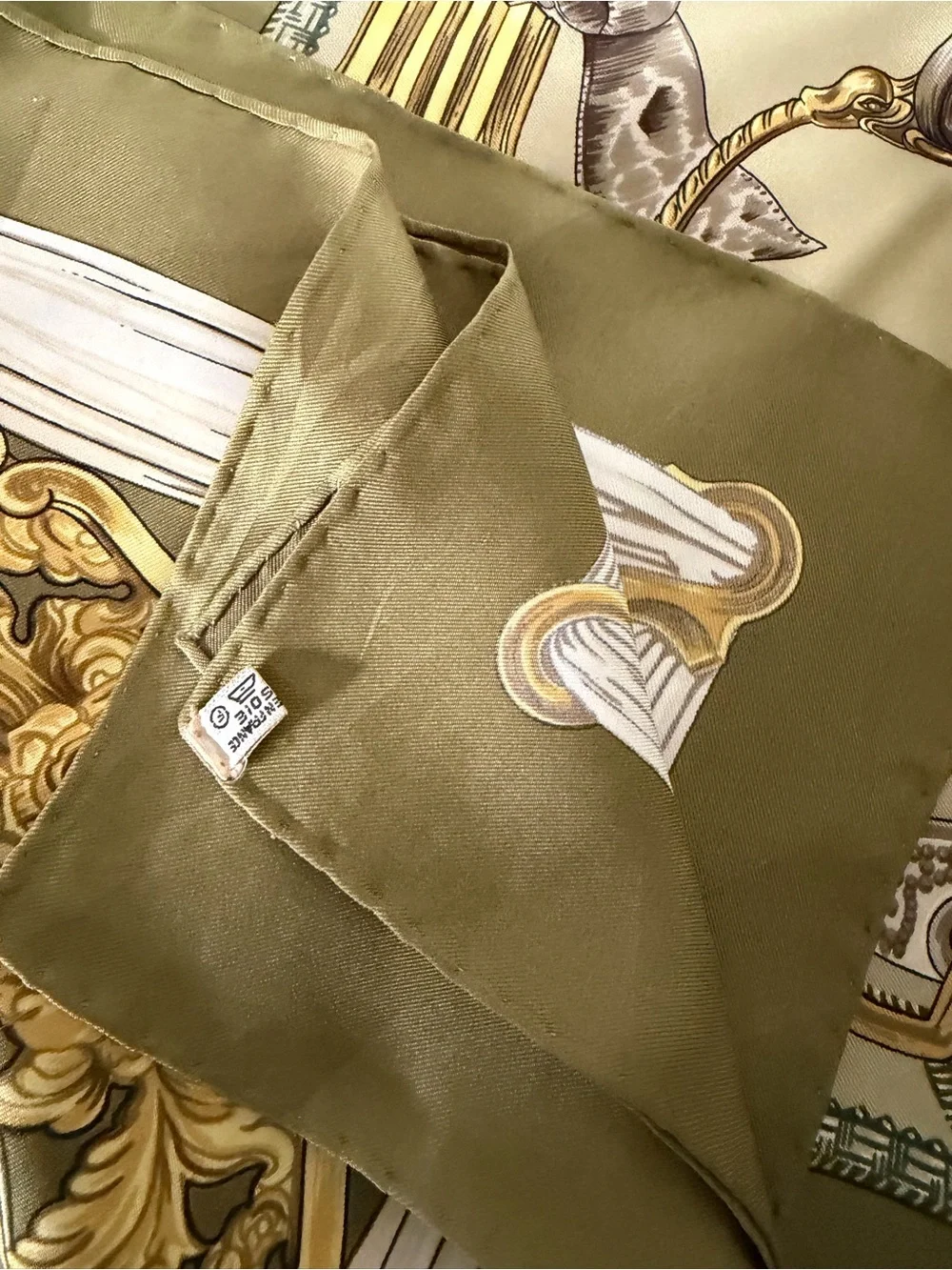 Hermes Etriers Silk Scarf with Gold Equestrian Hardware Print in Olive and Cream - Picture 12 of 16